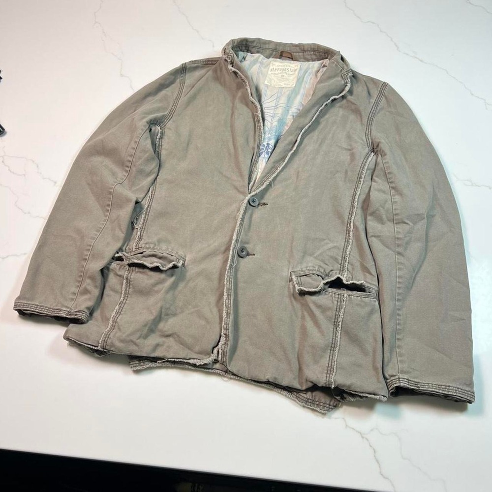 Aeropostale Blazer Jacket Mens Medium Olive Green Raw Edge Deconstructed Cotton